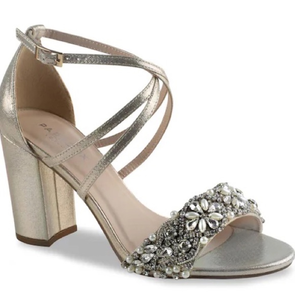 Paradox Metallic Silver Embellished Block Heel Sandals